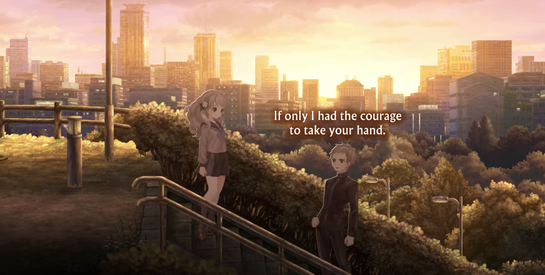 an image from the game 13 sentinels: aegis rim. in the same setting as the previous image, fuyusaka and sekigahara are standing on the staircase leading to a playground. it's sunset. fuyusaka is higher on the stairs, looking at sekigahara who is now turned towards her. he is smiling at her and saying, 'if only i hand the courage to take your hand.'